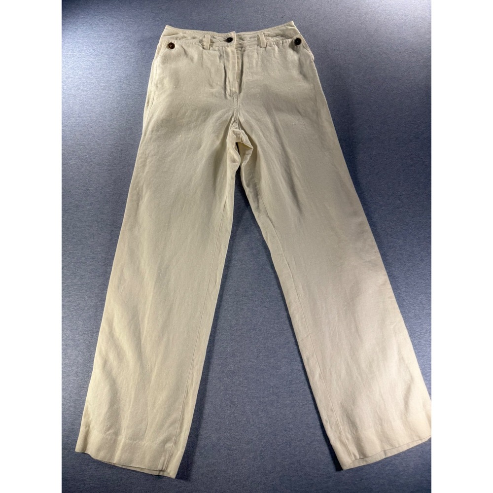 Ann Tjian for Kenar Womens Cream 100% Linen Wide Leg Trousers Pants Size 4